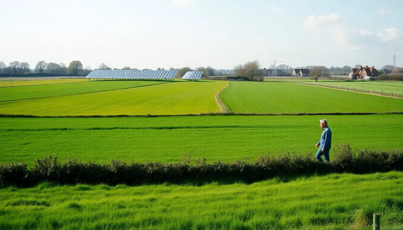 Green British farmland with a section of ground-mounted solar panels installed among the fields, a farmer walking along a hedgerow boundary