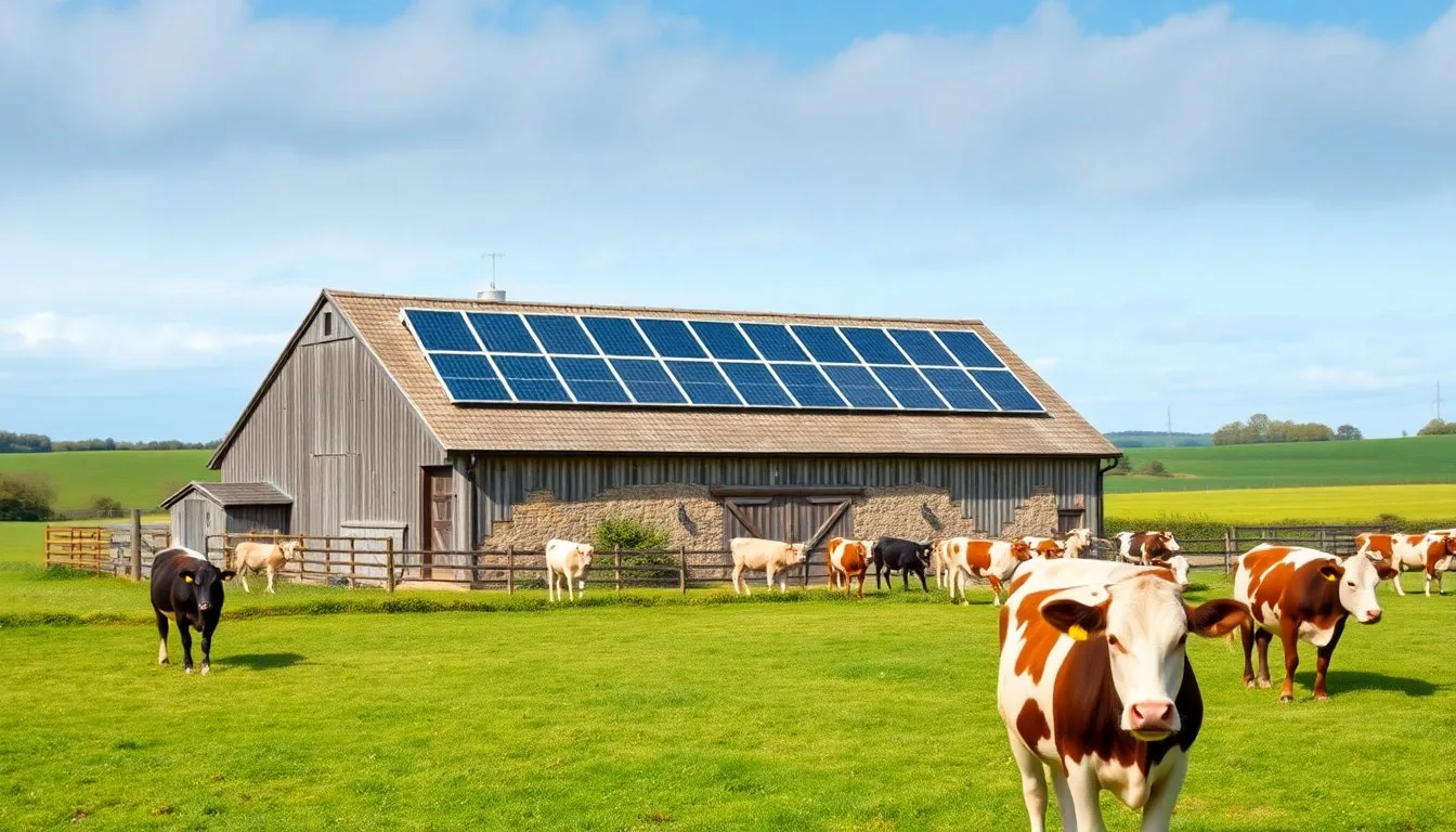 A traditional British dairy farm barn with solar panels installed on its roof, dairy cows grazing in the foreground, green countryside