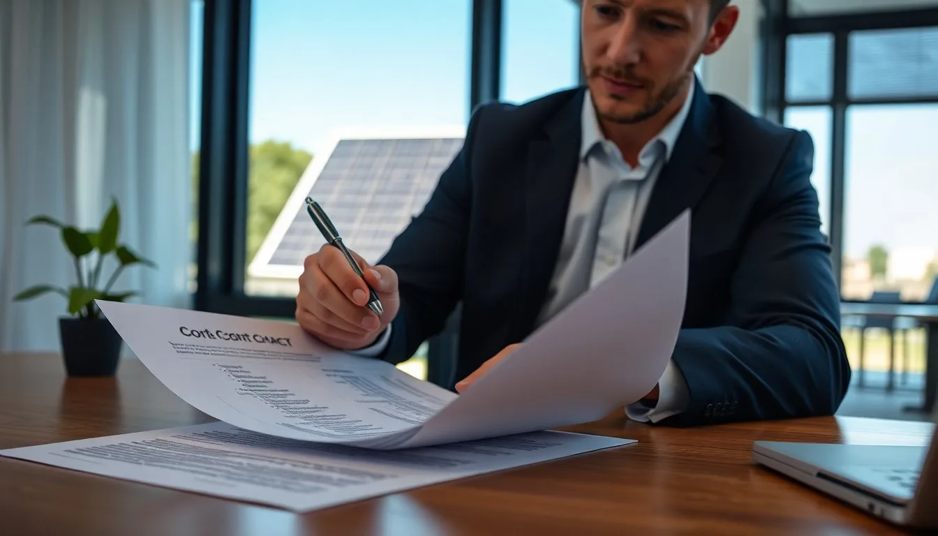 A businessperson reviewing a printed contract checklist with a pen in hand at a desk, a small solar panel installation visible through the office window