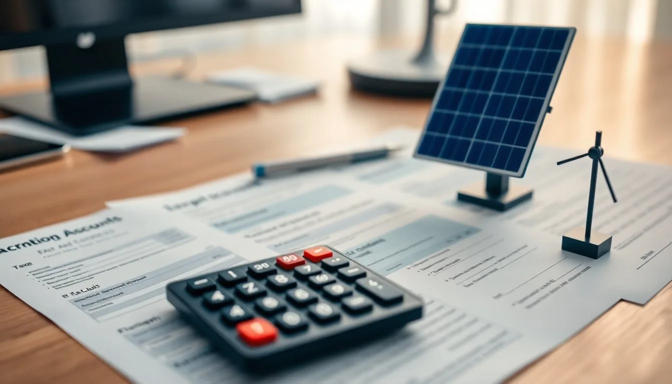Close-up of UK tax and accounting paperwork on a desk with a calculator and a small model solar panel, warm office lighting
