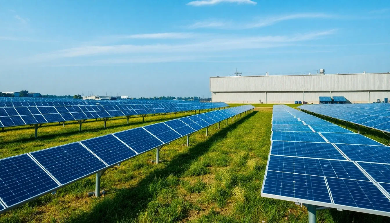 A large ground-mounted solar panel array in an open field adjacent to a commercial industrial building, showing both installation types in one frame
