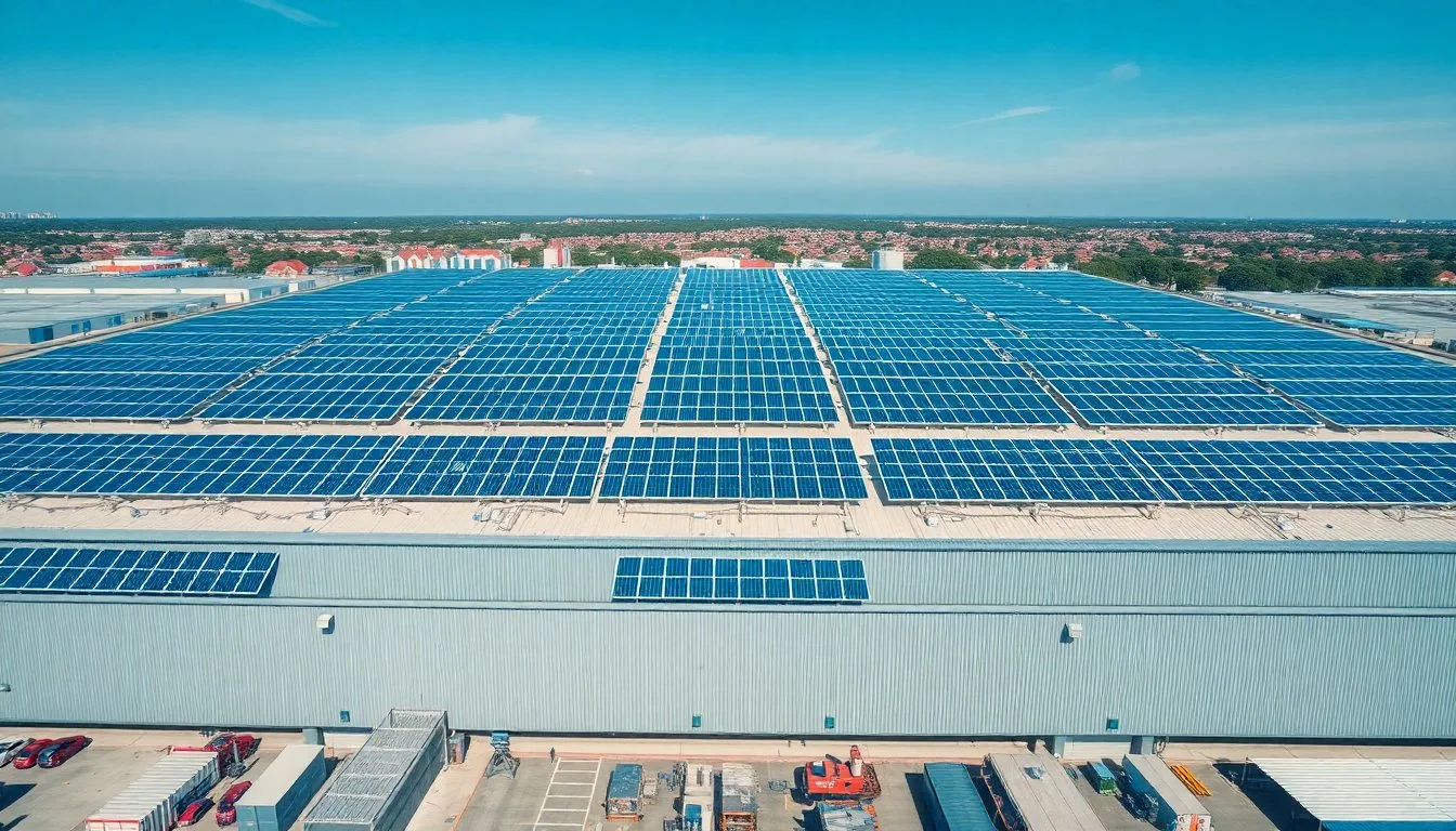 Aerial drone view of a modern commercial warehouse rooftop entirely covered in neat rows of solar panels, industrial estate below, clear blue sky