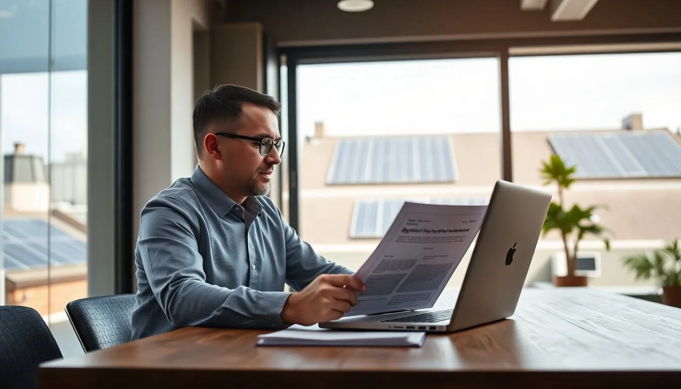 A finance director reviewing a solar power purchase agreement contract at a wooden desk, laptop open, rooftop solar panels visible through a large office window behind them