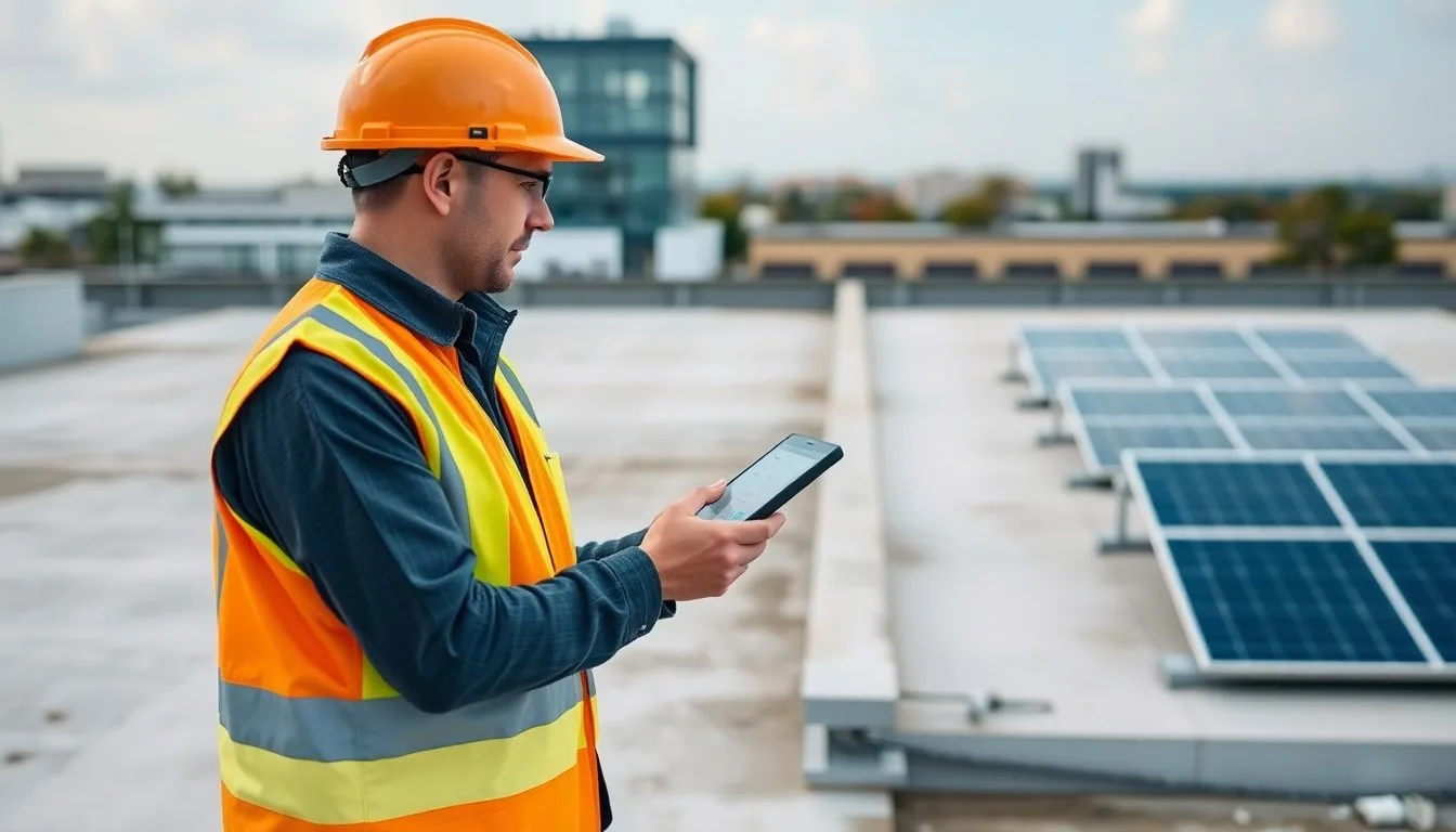 A surveyor in a hard hat and hi-vis vest inspecting a flat commercial rooftop with a tablet, solar panel installation partially visible, structural survey in progress